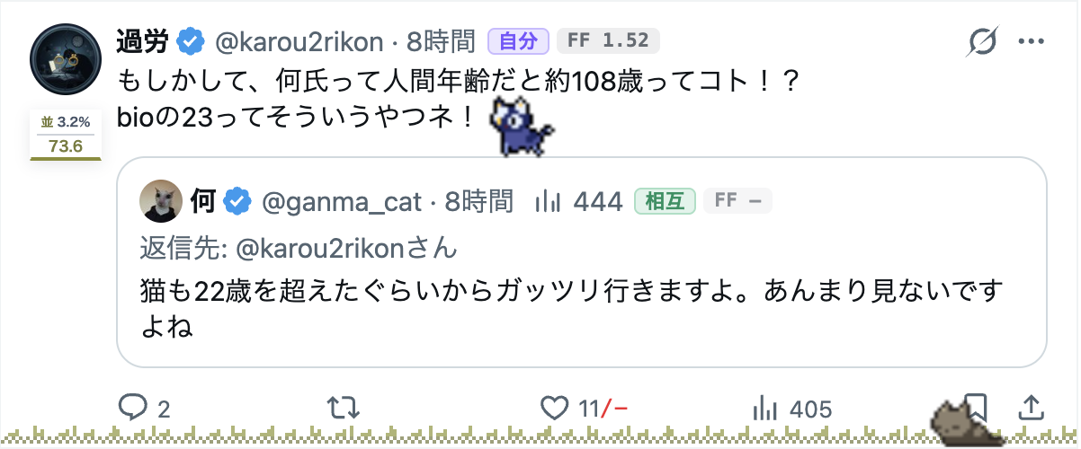 ポストの文末を歩く猫と、下辺で丸くなる猫